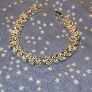 Elegant Silver-Tone Leaf Ice Blue Crystal Bracelet Prom, Wedding, Formal